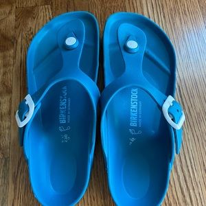 Turquoise rubber Birkenstock flip flops